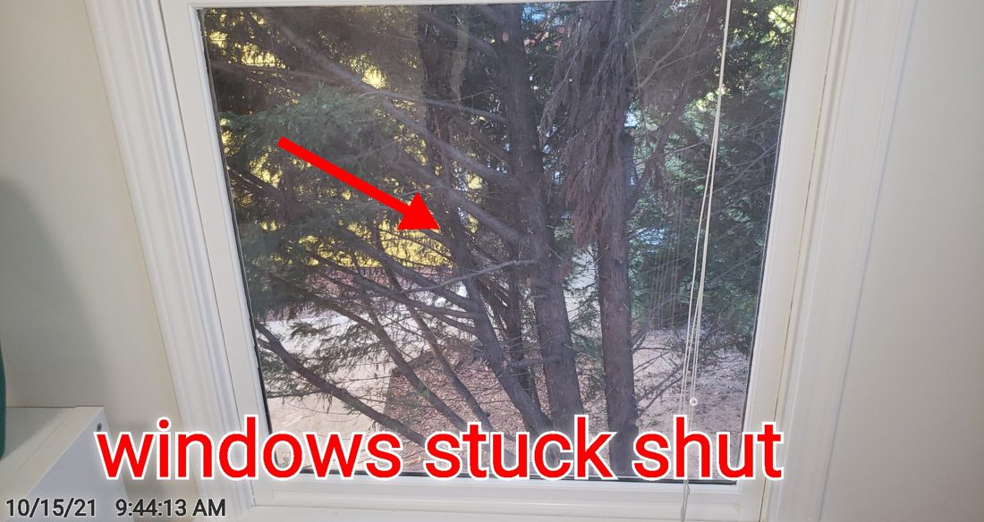 An upstairs window painted shut, flagged by the inspector with a red arrow