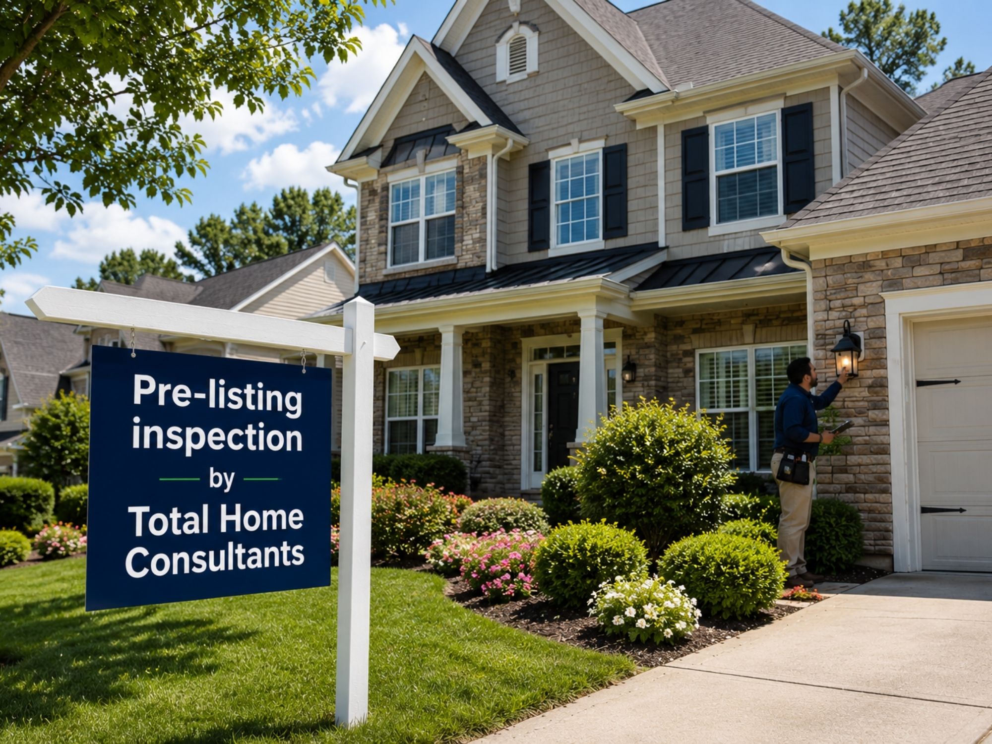 Inspector at a home exterior with For Sale sign